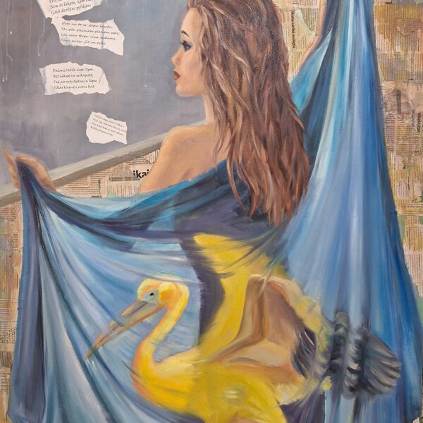 Meitene ar pelikānu (pēc A. Čaka dzejas), a/e, 120x80, 2023