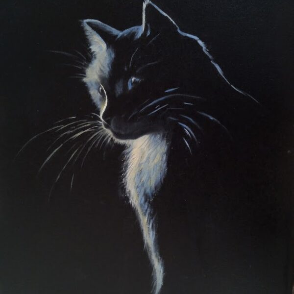 Melnais kaķis I, a/e, 40x30, 2020, PRIVĀTKOLEKCIJĀ
