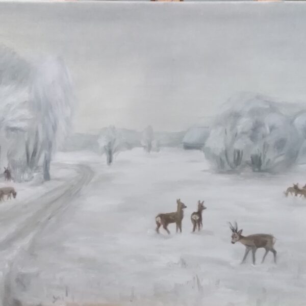 Lauku ainava ar stirnām, a/e, 50x90, 2023