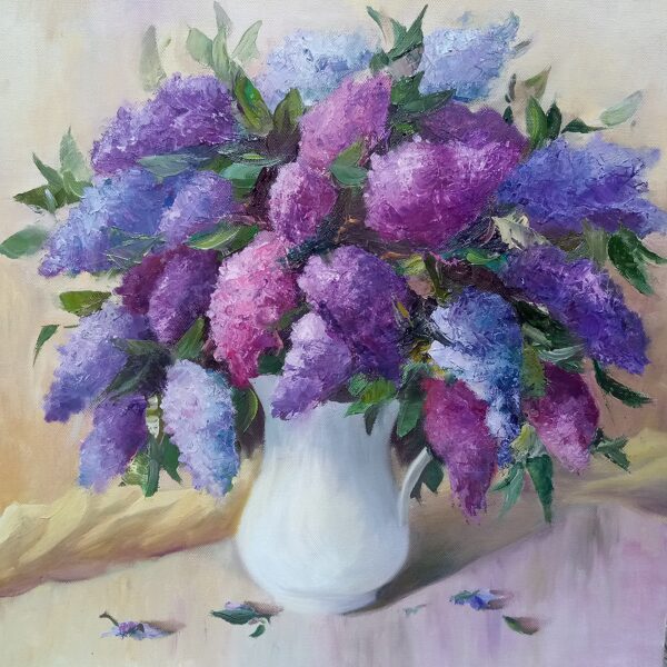 Ceriņi krūzē , a./e. 60x60 2020, PRIVĀTKOLEKCIJĀ